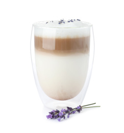 Photo of Delicious latte with lavender isolated on white