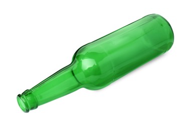 One empty green beer bottle isolated on white