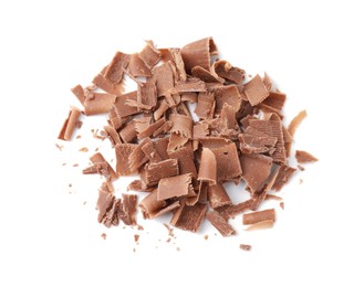 Photo of Pile of tasty chocolate shavings isolated on white, top view