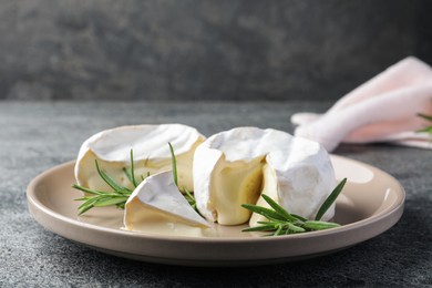 Delicious brie cheese with rosemary on grey table