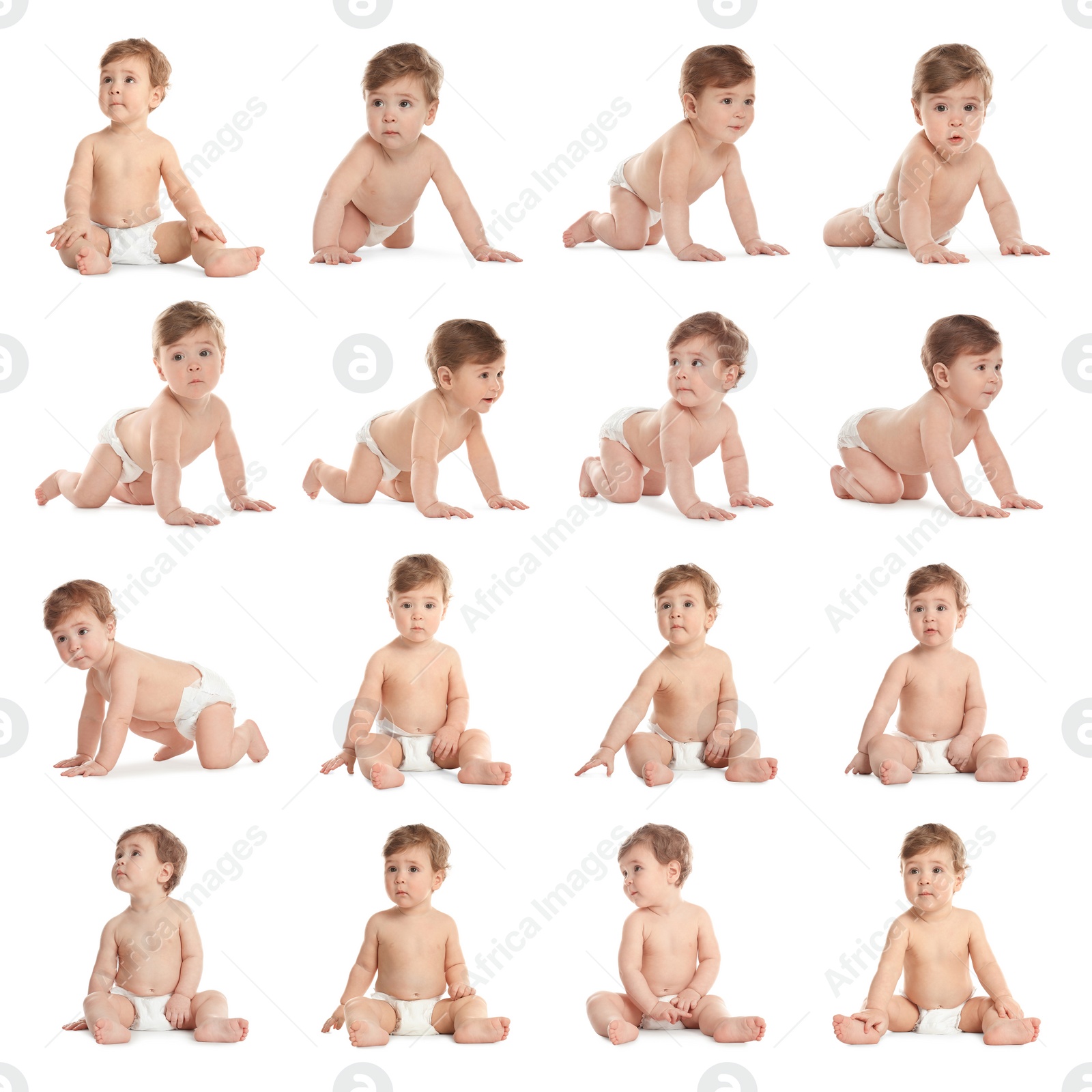 Image of Collage of cute little baby on white background