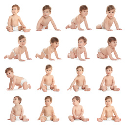 Collage of cute little baby on white background