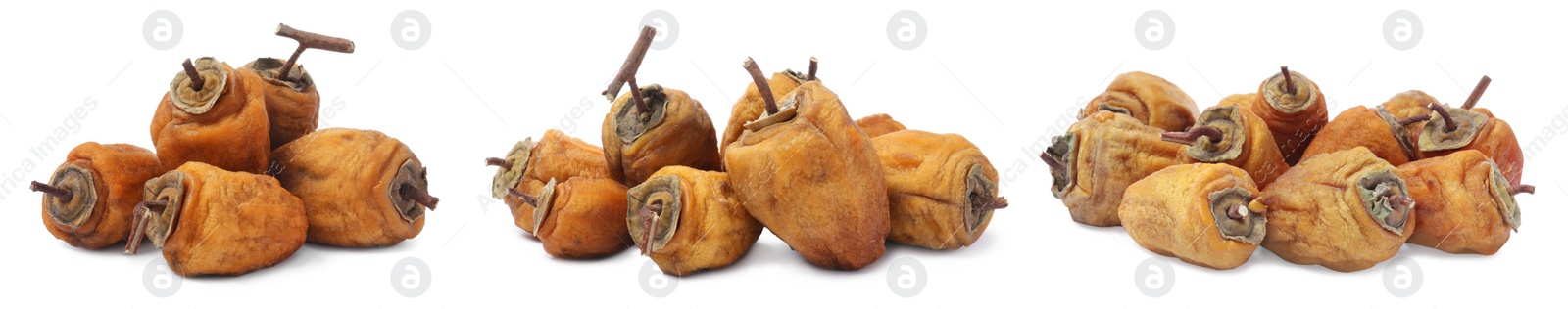 Image of Set with tasty dried persimmon fruits on white background. Banner design
