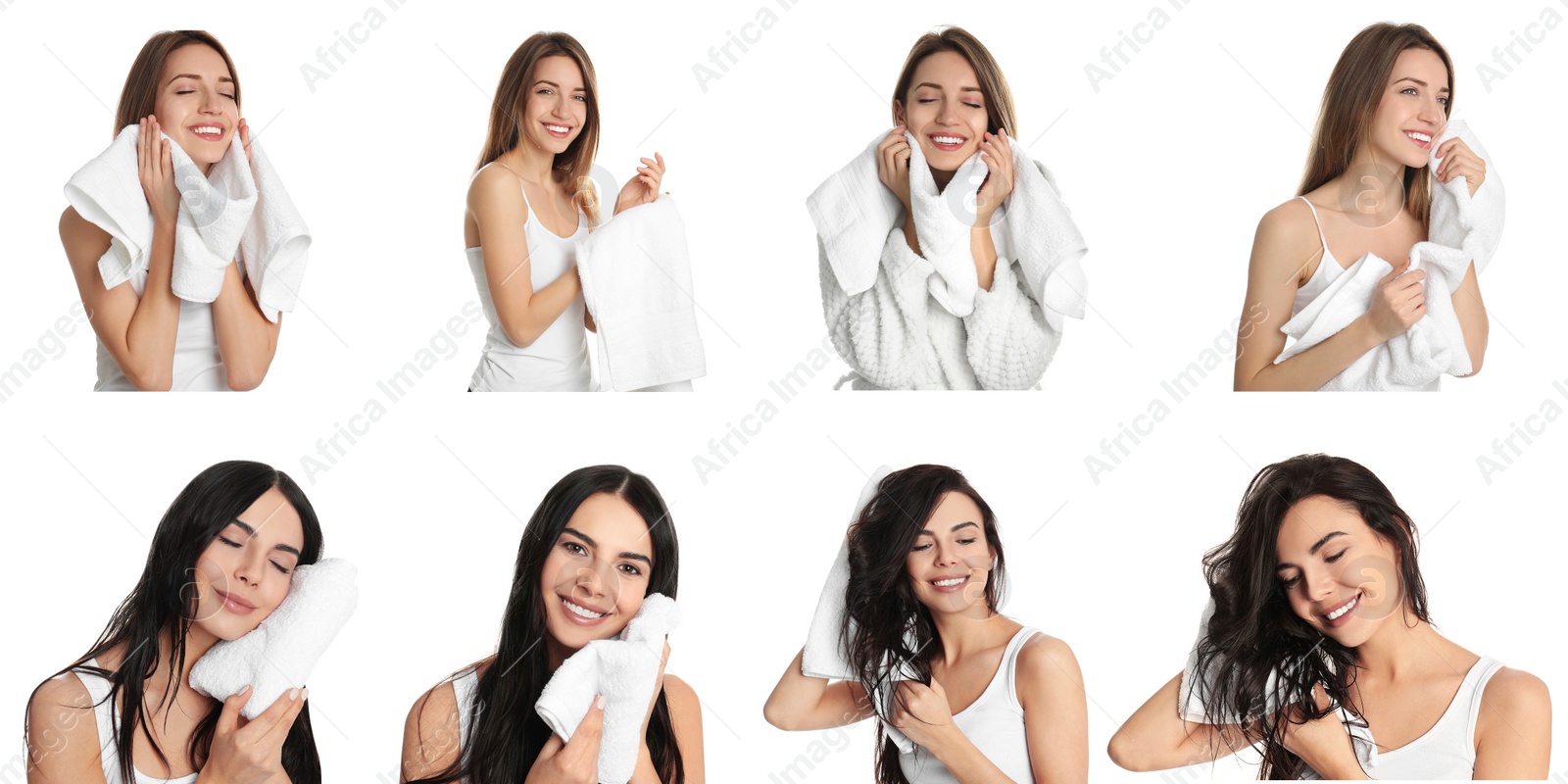 Image of Collage of women with towels on white background. Banner design