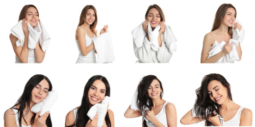 Collage of women with towels on white background. Banner design