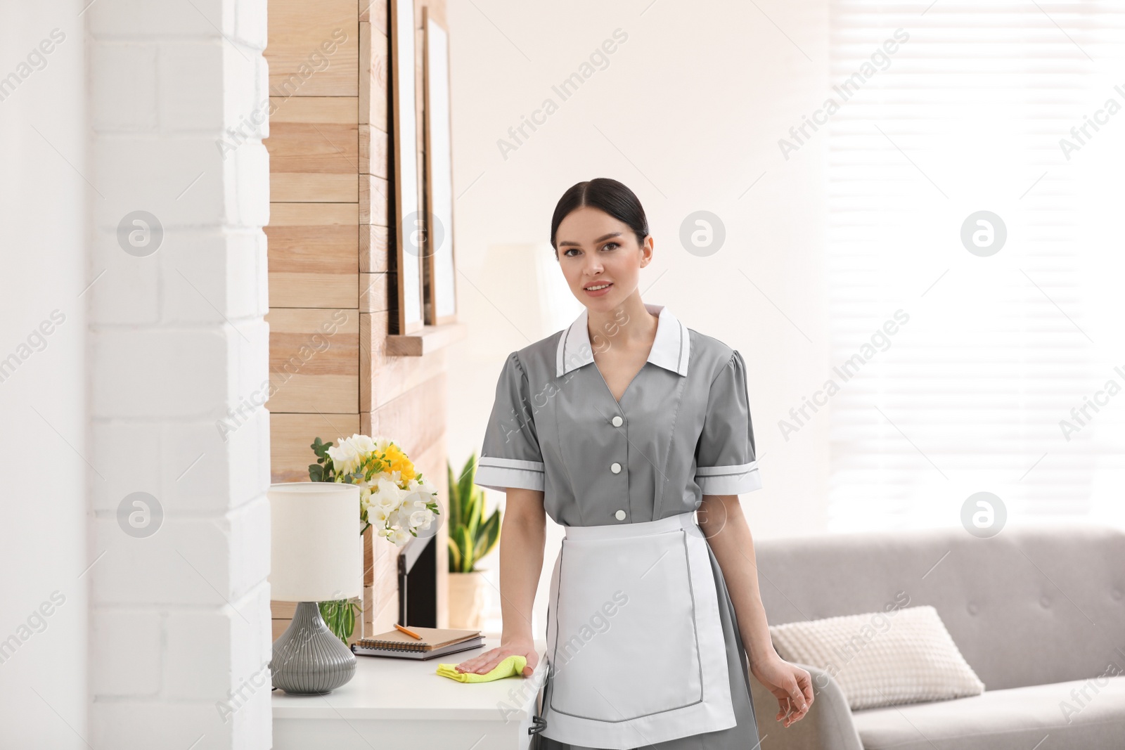 Photo of Young chambermaid wiping dust from furniture in hotel room