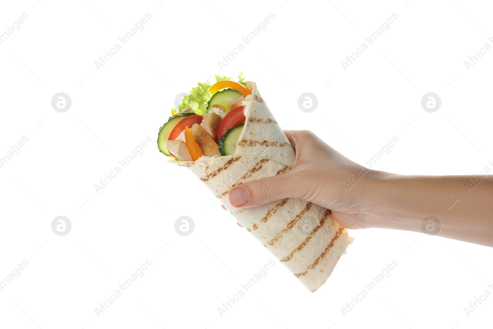 Photo of Woman holding tasty chicken shawarma on white background, closeup