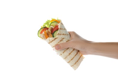 Photo of Woman holding tasty chicken shawarma on white background, closeup