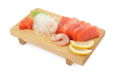 Photo of Delicious sashimi set of salmon and shrimps served with funchosa, lemon and lettuce isolated on white
