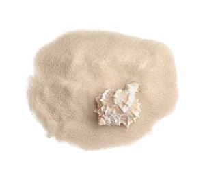 Photo of Pile of beach sand with sea shell isolated on white, top view