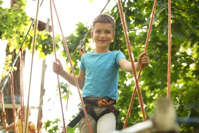 Photo of Little boy climbing in adventure park. Summer camp