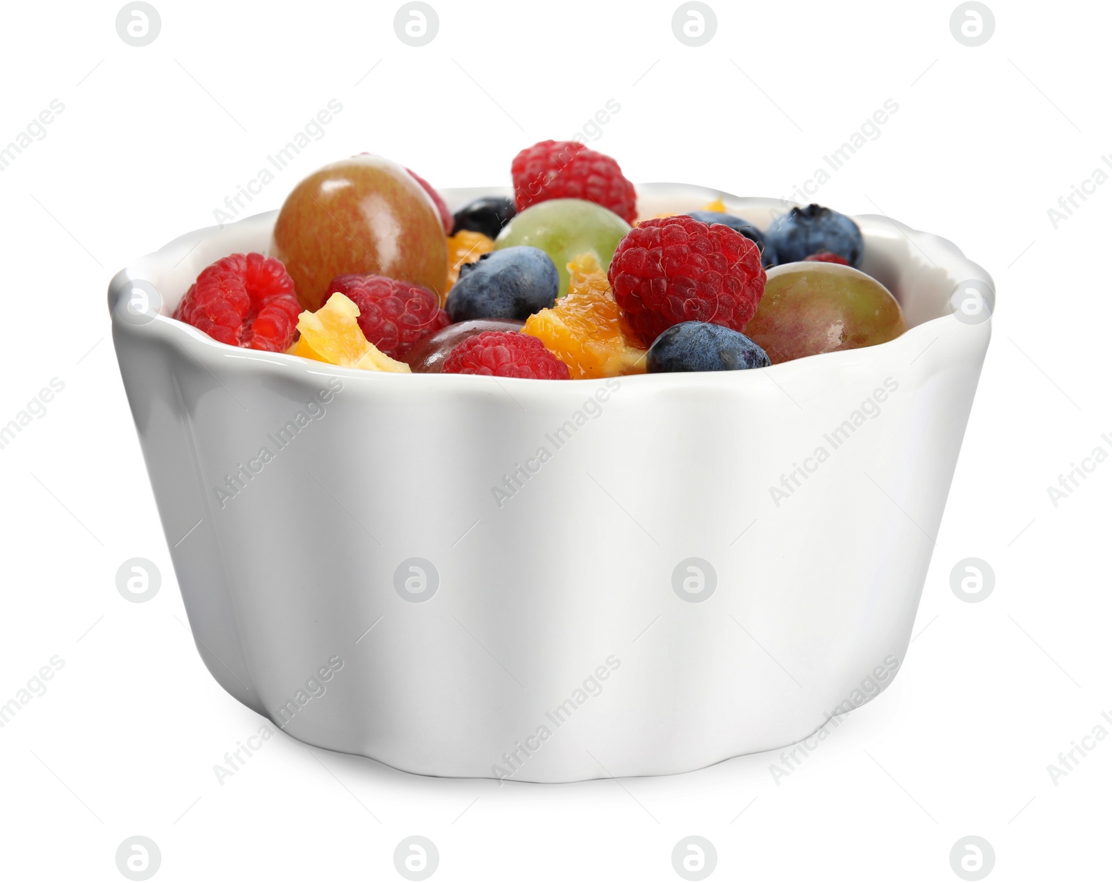 Photo of Fresh tasty fruit salad on white background