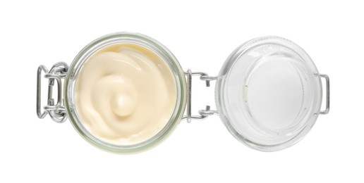 Mayonnaise in glass jar isolated on white, top view