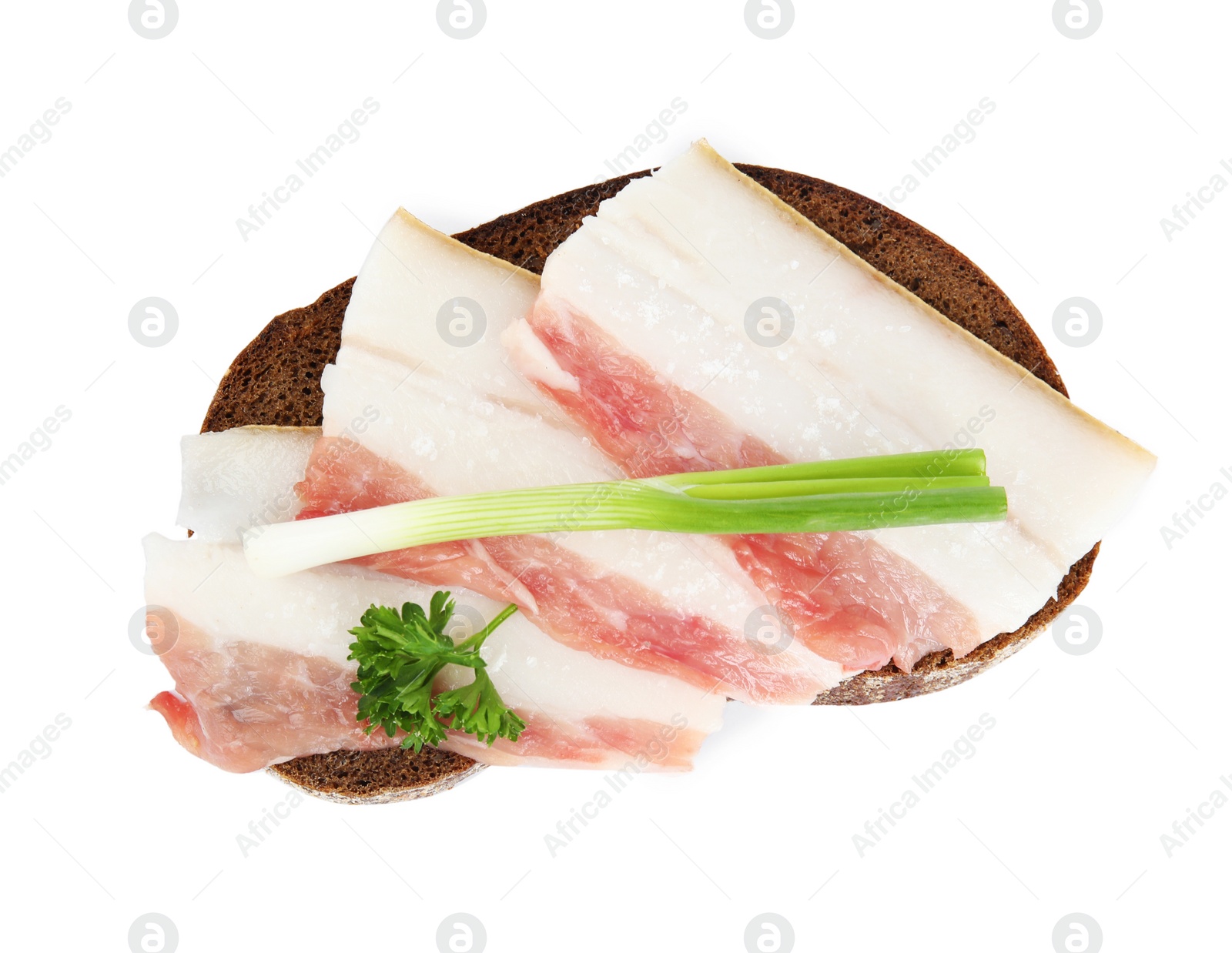 Photo of Pork fatback sandwich with onion isolated on white, top view