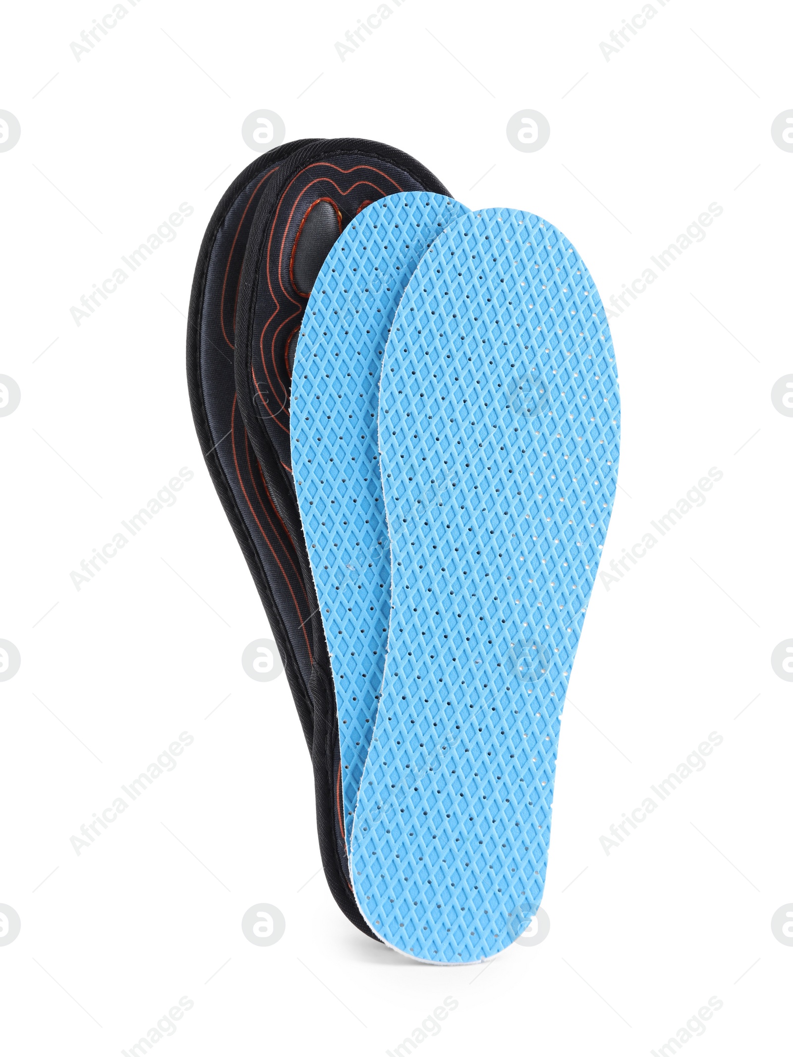 Photo of Shoe insoles on white background, top view