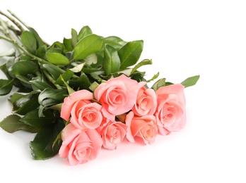 Photo of Bouquet of beautiful roses on white background