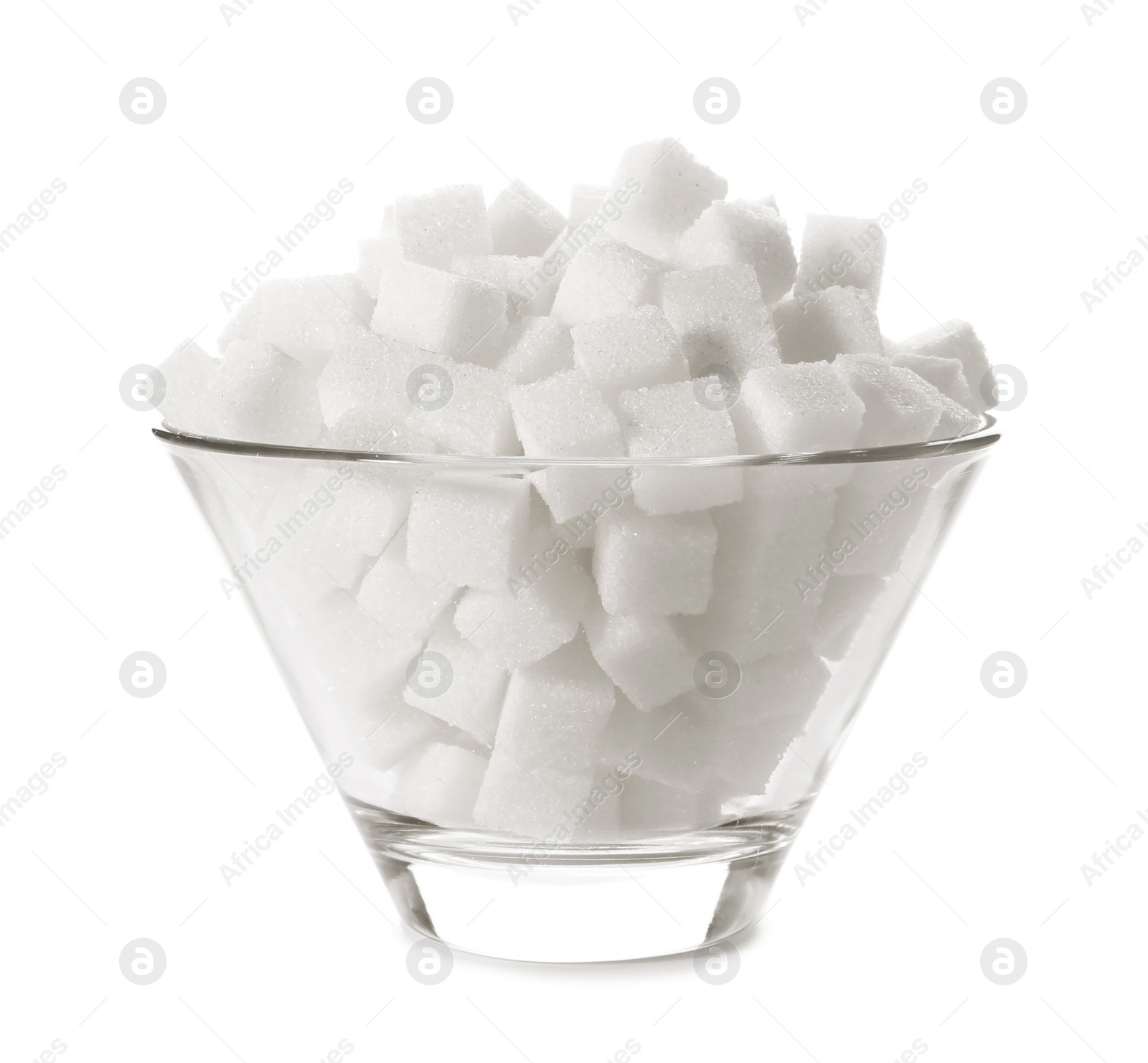 Photo of Refined sugar cubes in bowl on white background