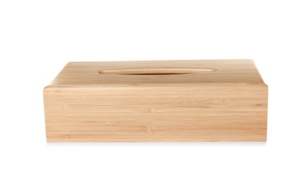 Empty wooden napkin holder on white background