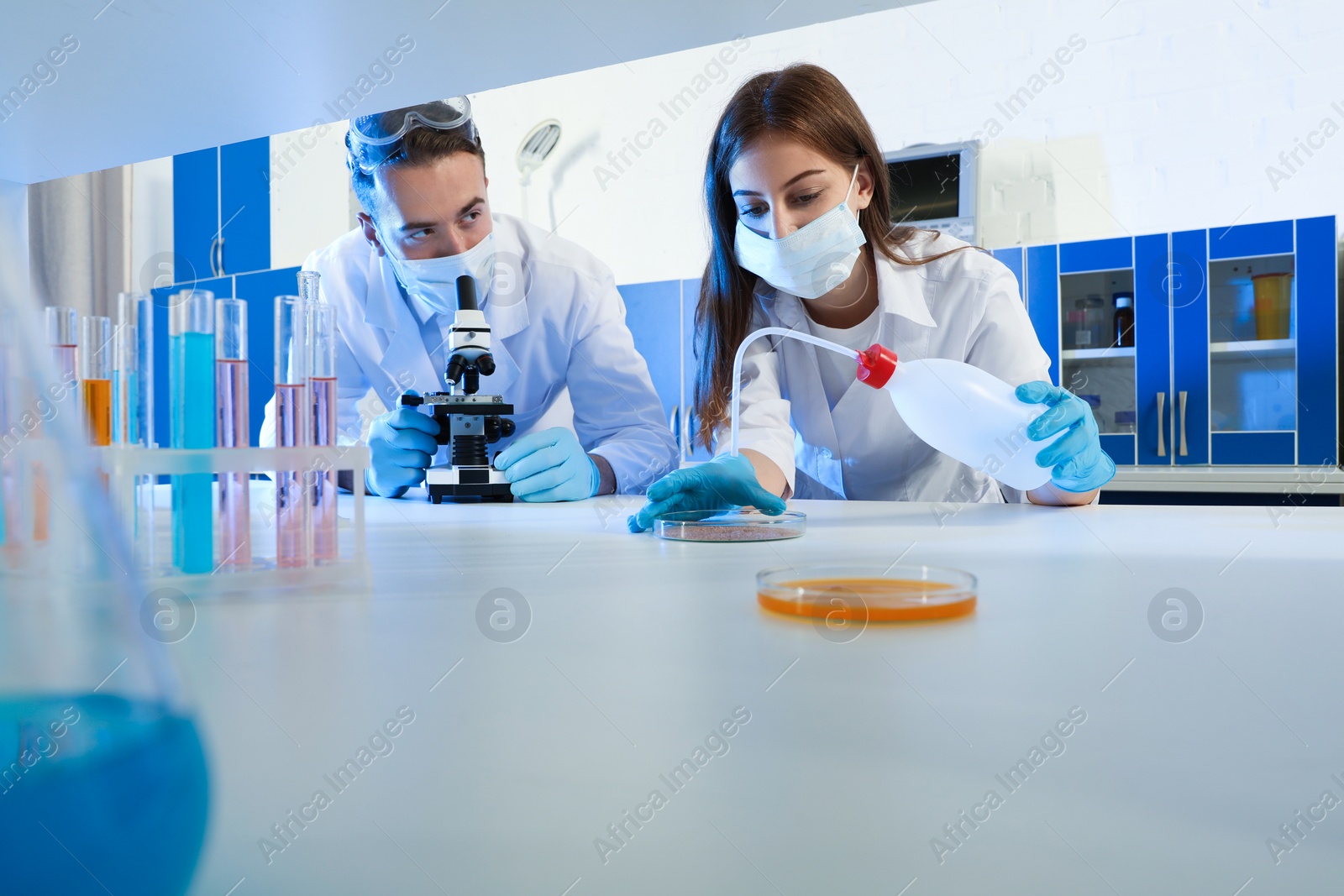 Photo of Scientists doing research and analysis with microscope in laboratory