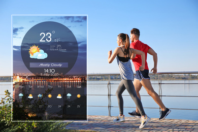 Image of Sporty couple running outdoors and weather forecast widget. Mobile application