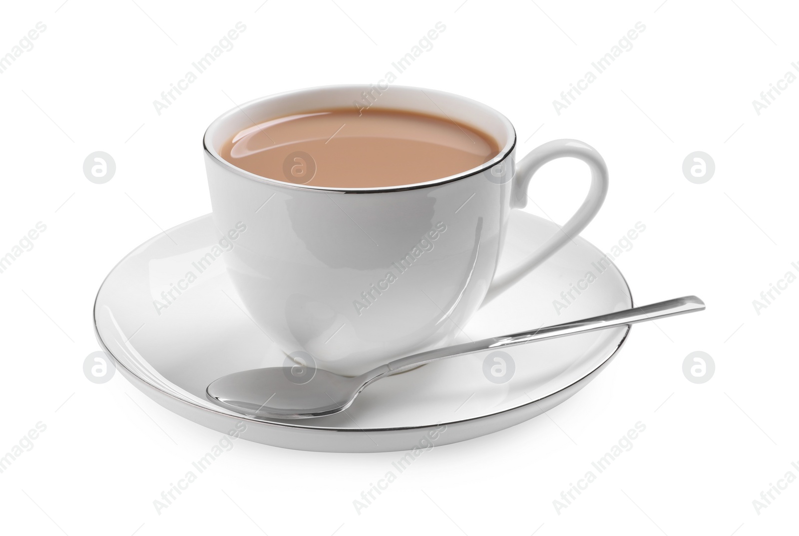 Photo of Delicious tea with milk on white background