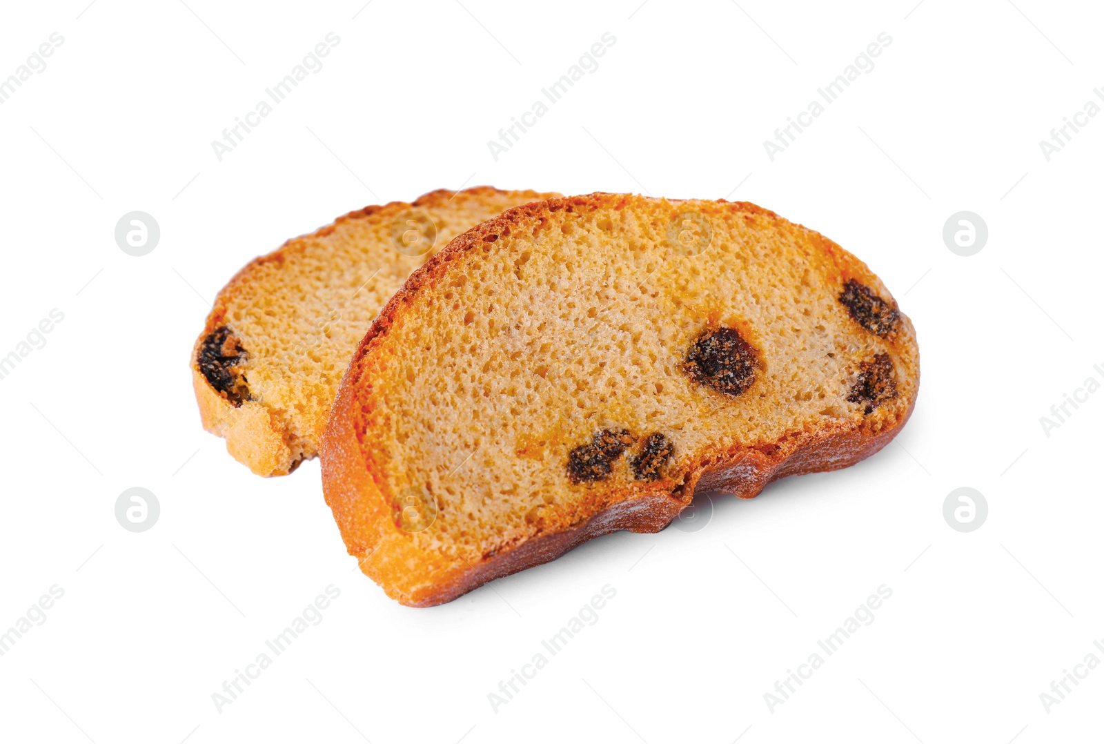 Photo of Sweet hard chuck crackers with raisins on white background