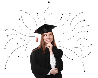 Image of Choice in profession or other areas of life, concept. Making decision, thoughtful young graduate surrounded by drawn arrows on white background