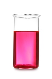 Photo of Laboratory glassware with color sample on white background. Solution chemistry