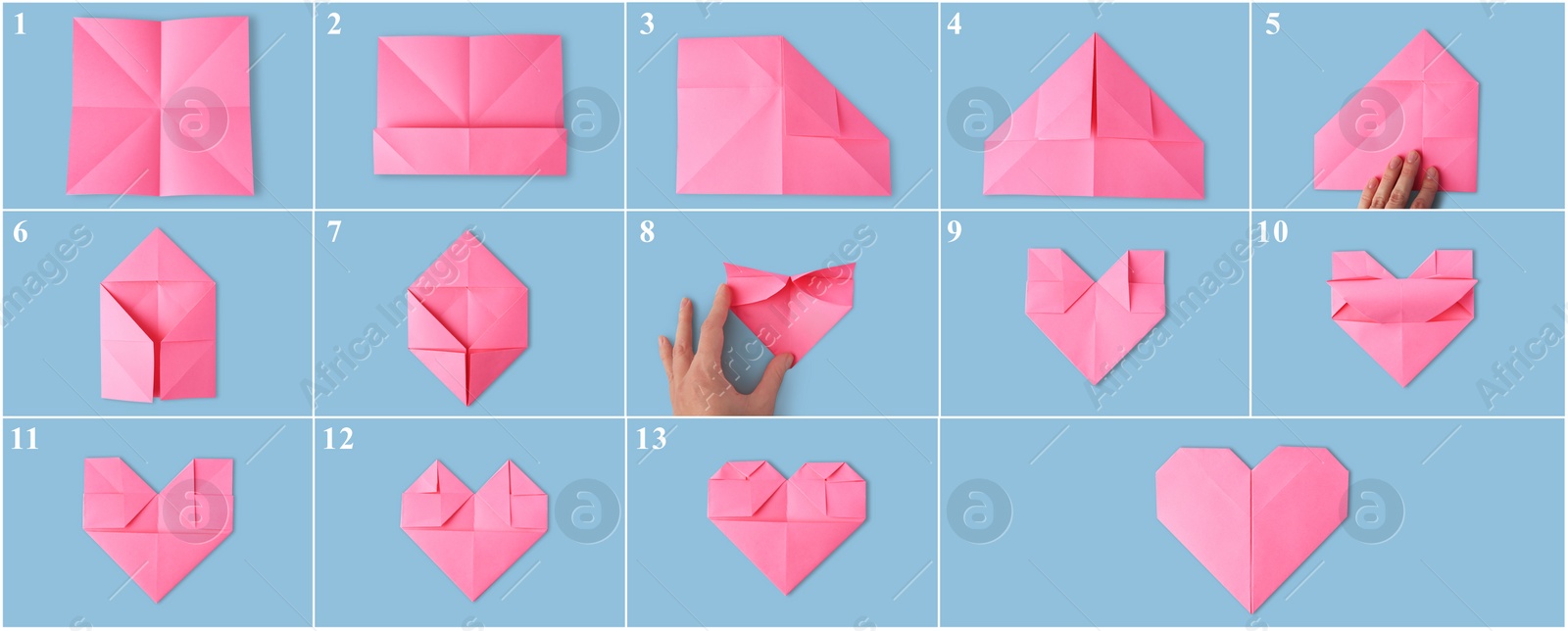 Image of Origami art. Making pink paper heart step by step, photo collage on light blue background