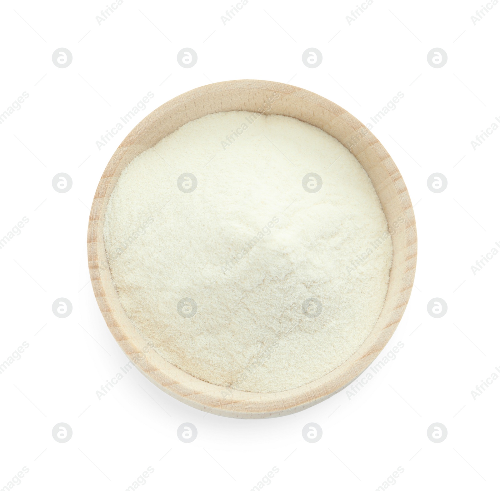 Photo of Wooden bowl of agar-agar powder isolated on white, closeup