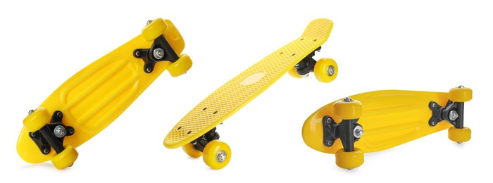 Image of Set with yellow skateboards on white background, banner design. Sport equipment