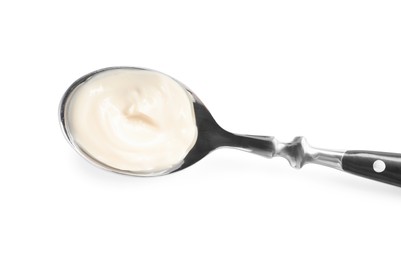 Spoon with tasty mayonnaise isolated on white, top view