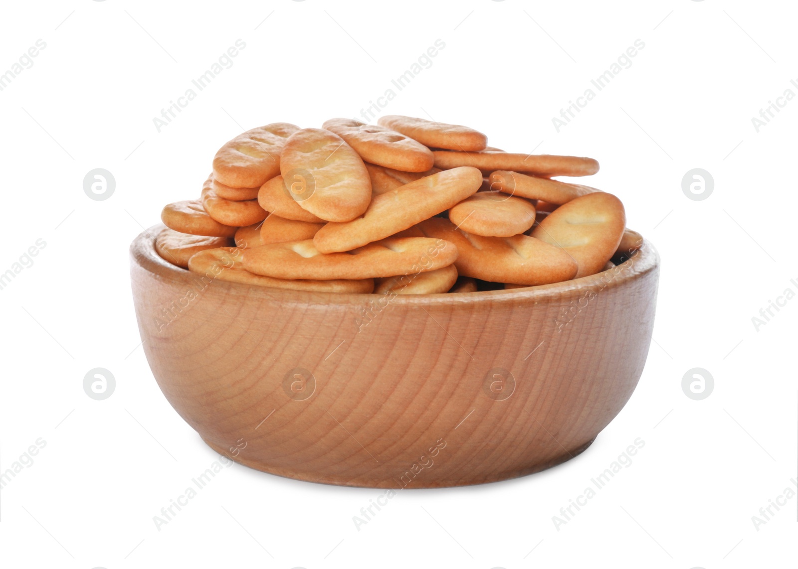 Photo of Delicious crackers in bowl isolated on white