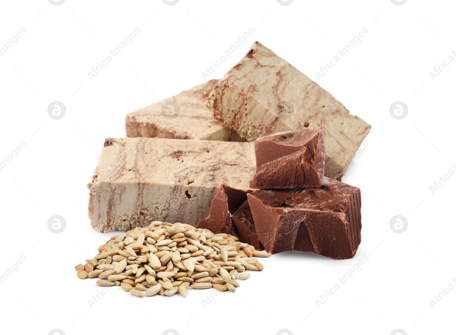 Image of Tasty halva, pieces of chocolate and peeled sunflower seeds isolated on white