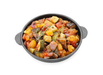 Photo of Dish with tasty ratatouille isolated on white