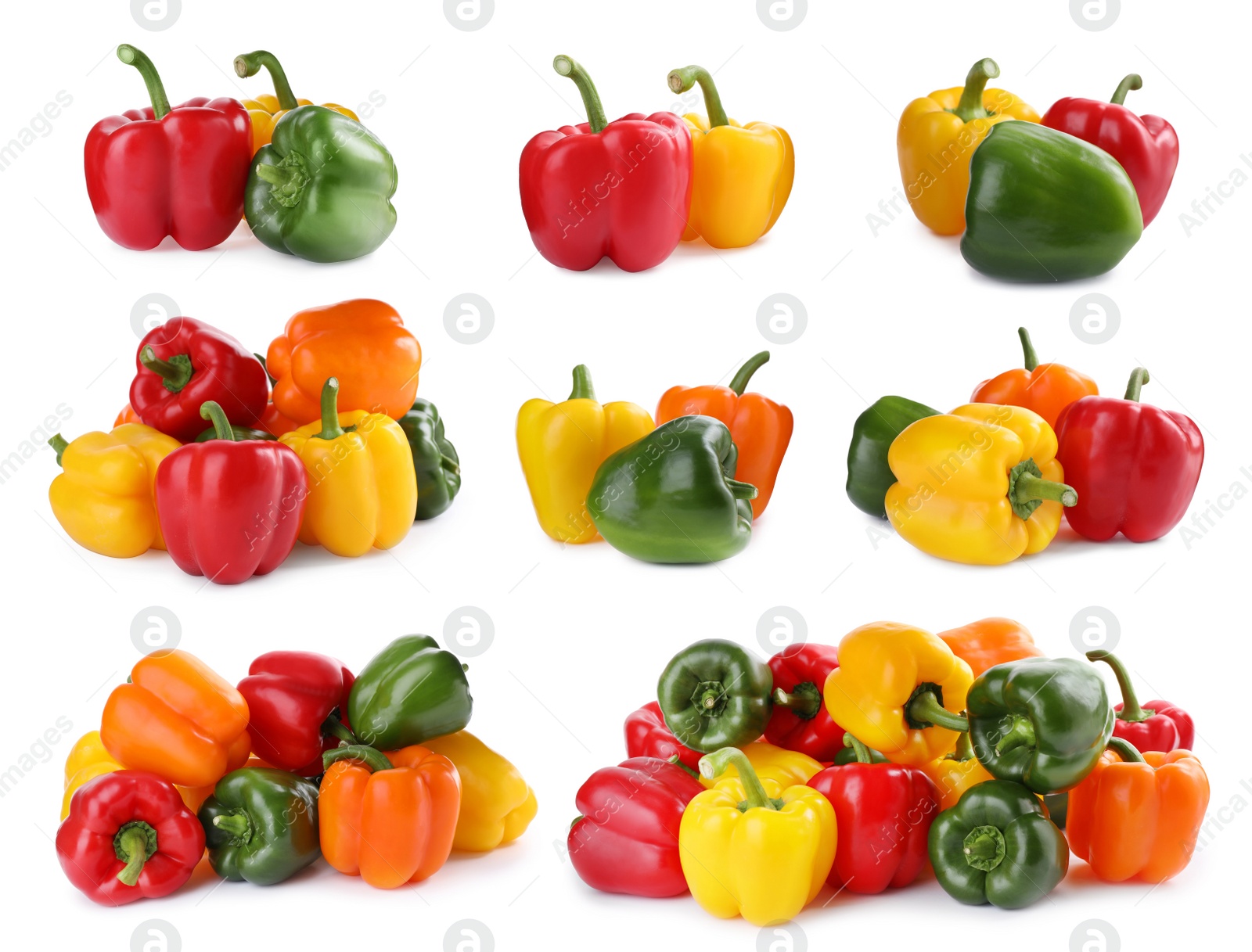 Image of Set of different ripe bell peppers on white background