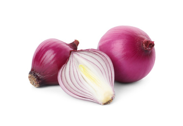 Photo of Fresh cut and whole red onion bulbs isolated on white