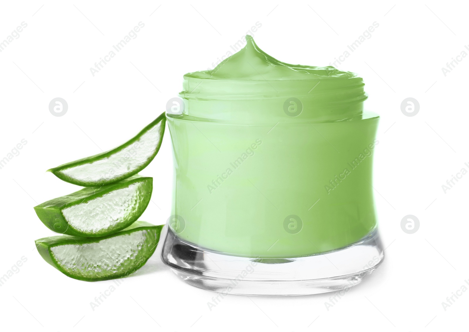 Photo of Jar with aloe vera balm and sliced leaves on white background