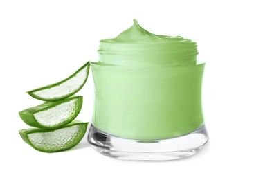 Jar with aloe vera balm and sliced leaves on white background