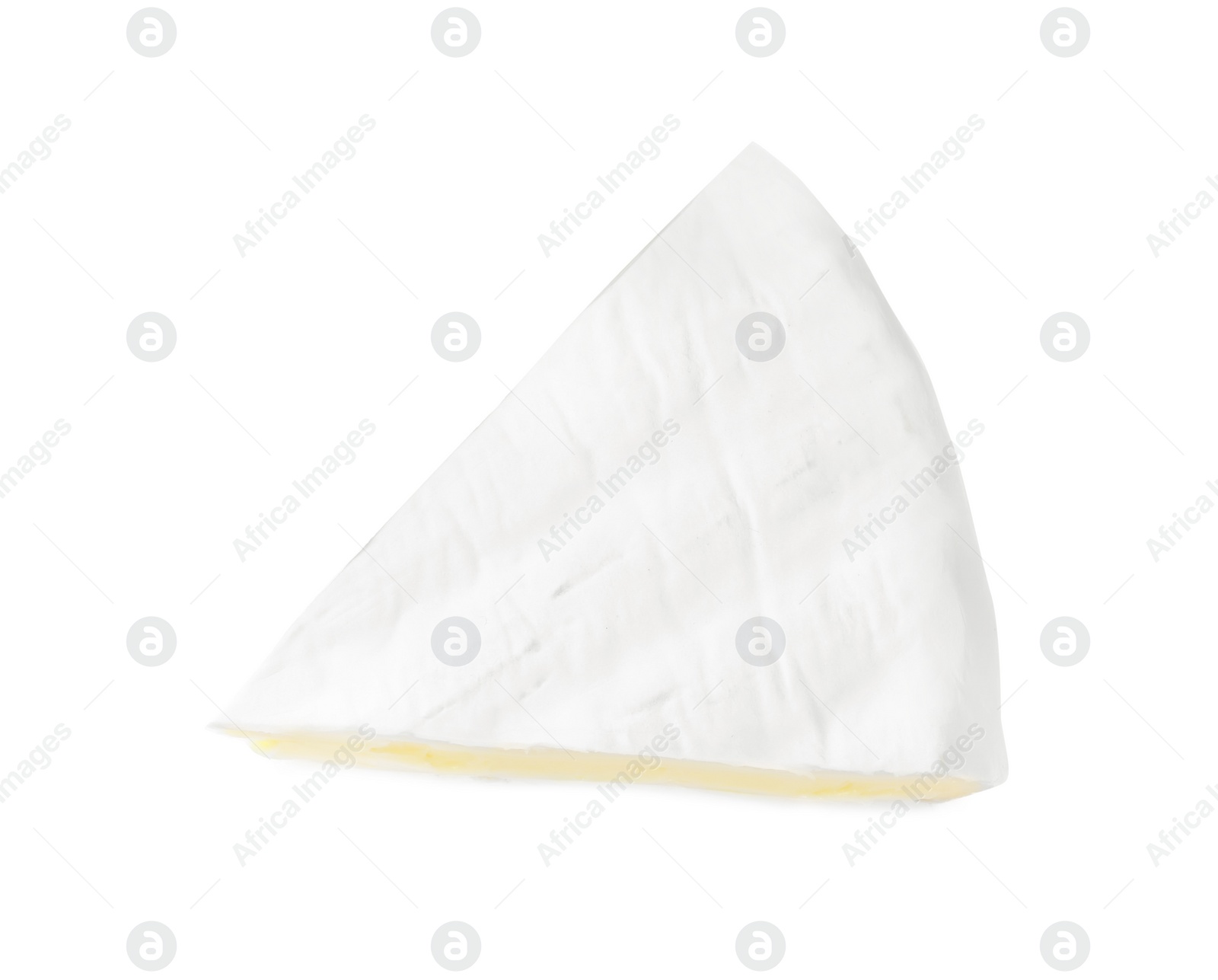 Photo of Piece of tasty brie cheese isolated on white, top view