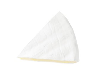 Photo of Piece of tasty brie cheese isolated on white, top view