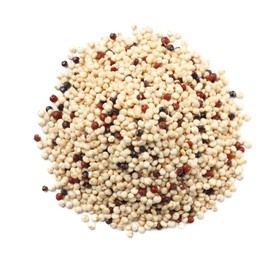 Pile of raw quinoa seeds isolated on white, top view