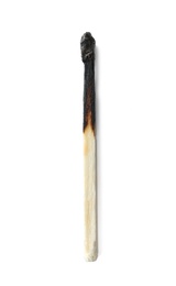 Burnt match on white background, top view