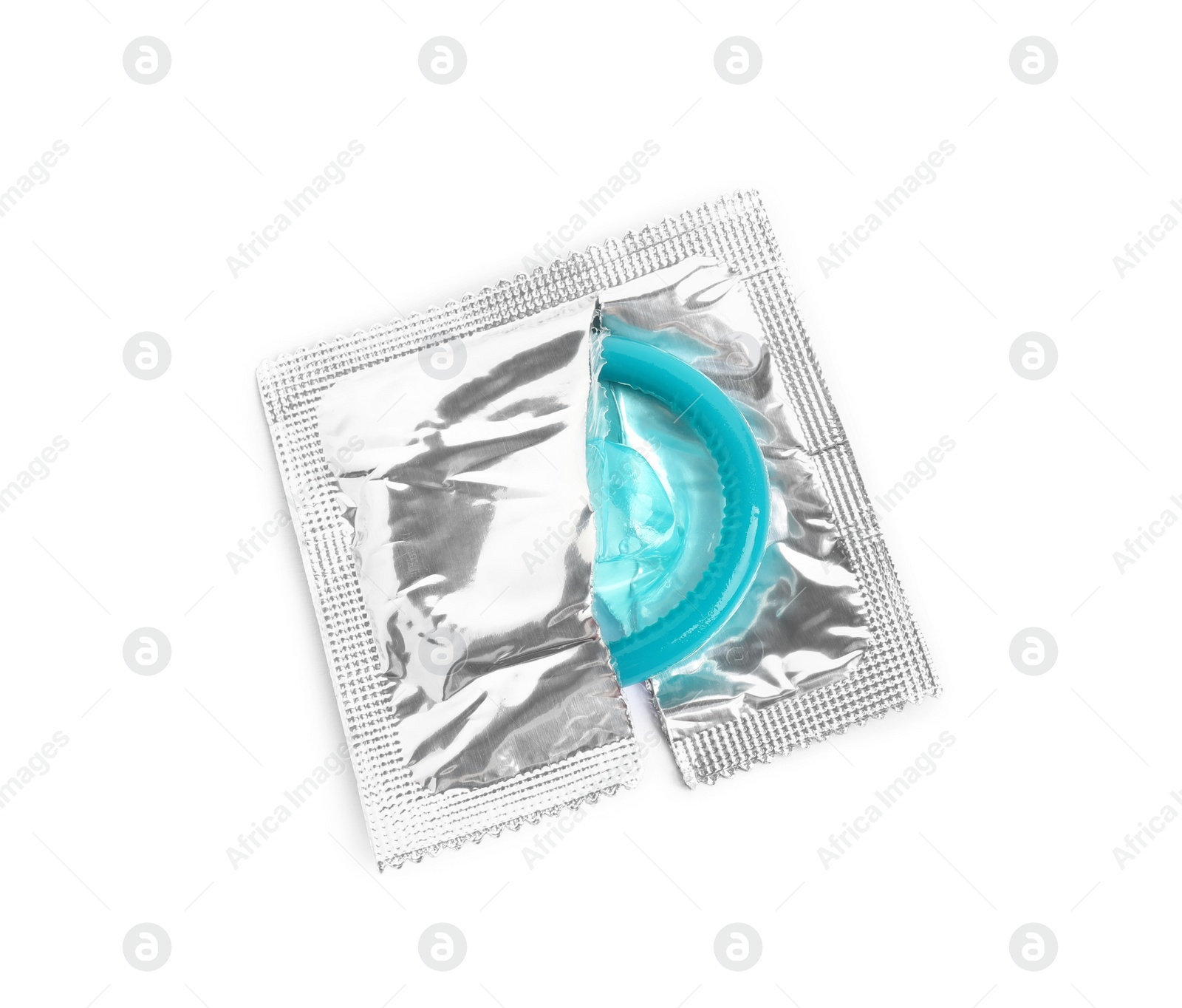 Photo of Torn condom package isolated on white, top view. Safe sex