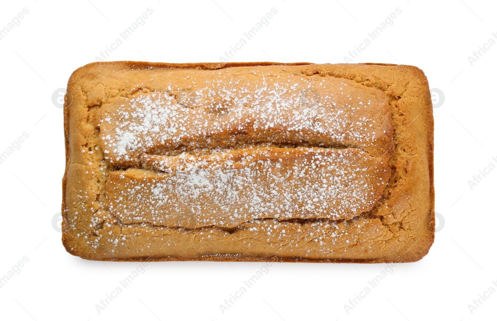 Photo of Delicious homemade yogurt cake with powdered sugar on white background, top view
