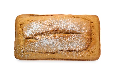 Delicious homemade yogurt cake with powdered sugar on white background, top view