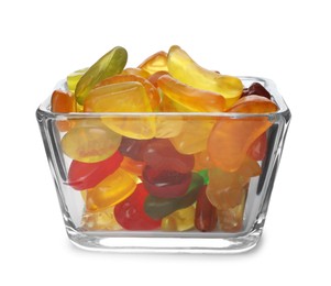 Photo of Tasty jelly fruit shaped candies in bowl on white background