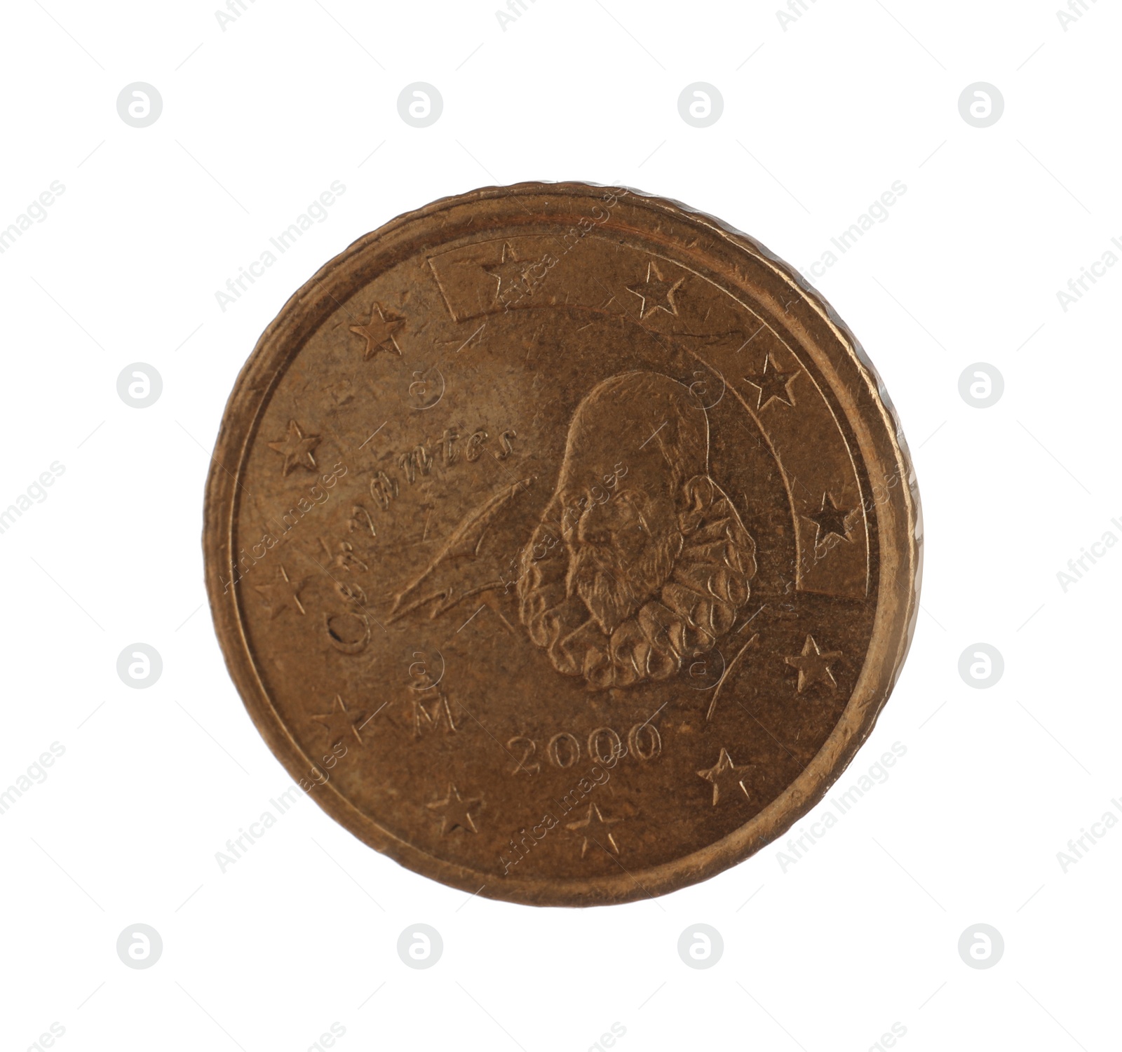 Photo of Spanish fifty euro cent coin on white background