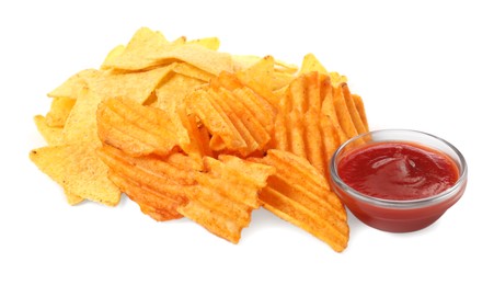 Photo of Tasty tortilla and ridged chips with ketchup on white background