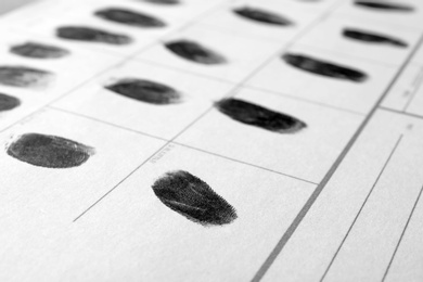 Police form with fingerprints, closeup. Forensic examination